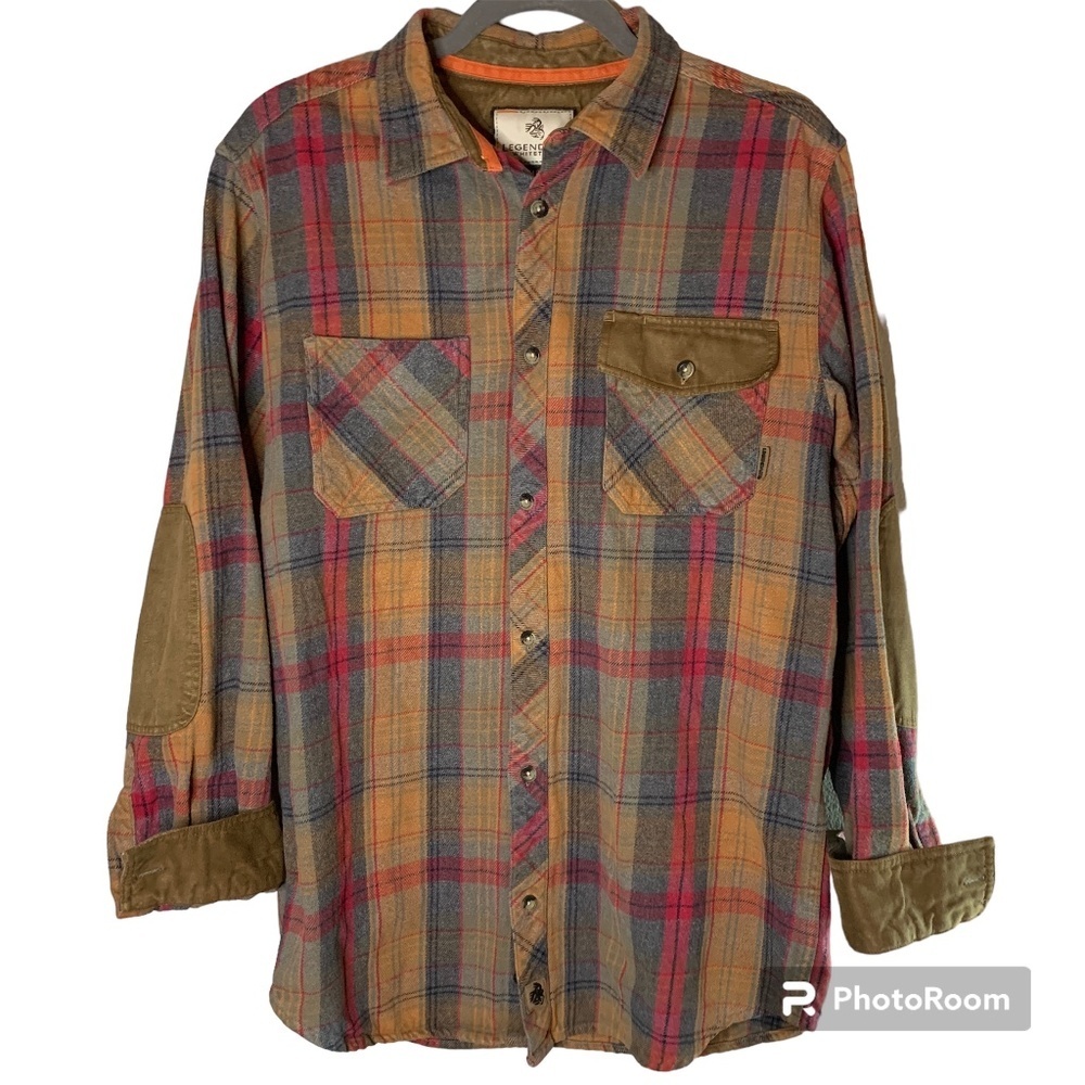 Legendary Whitetails Mens Shirt Jacket M Gray Tan Red Plaid Contrasting Cuff